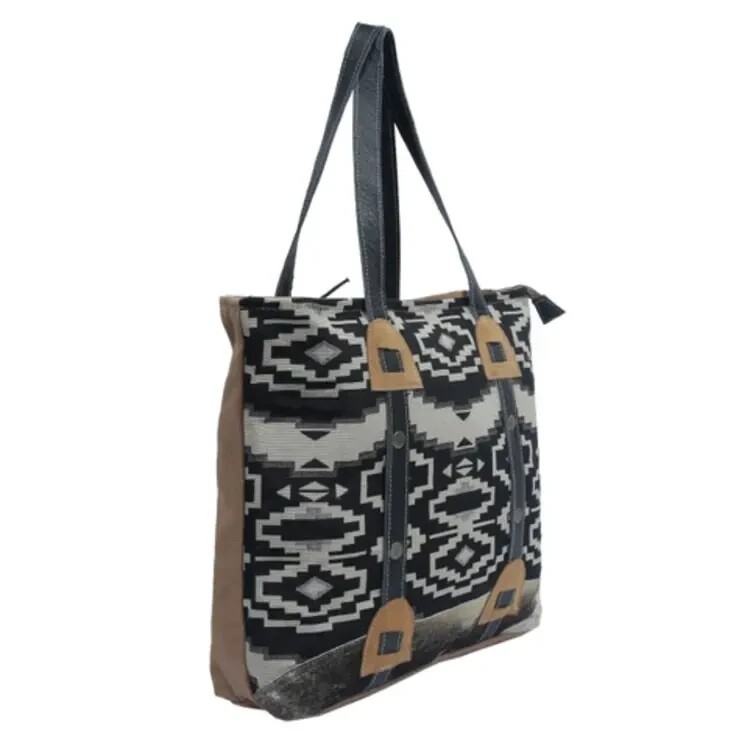 Hopofly Black Geometric Print Cotton Leather Hairon Canvas Tote Bag