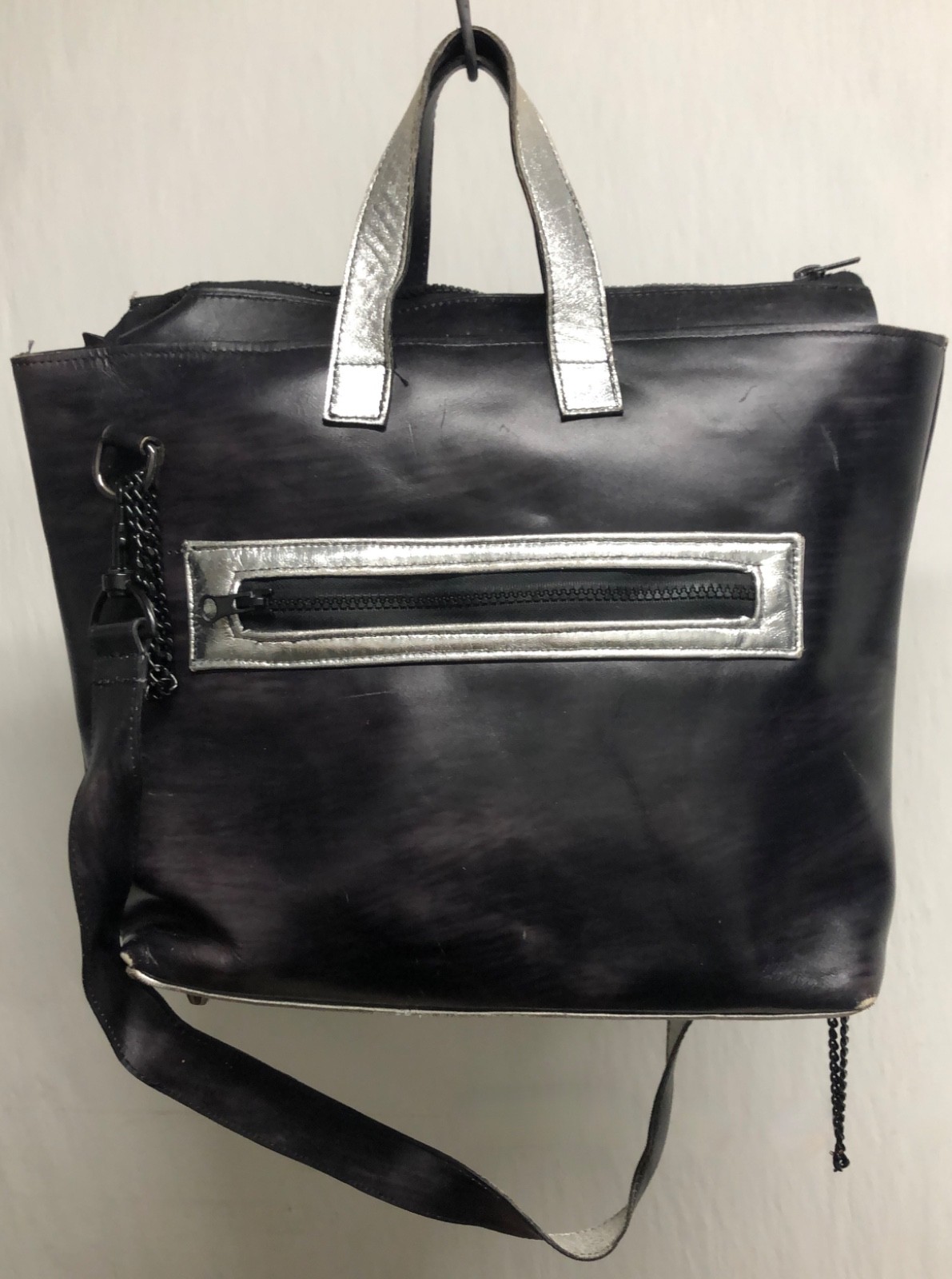 KENT STETSON VNTG BLACK LEATHER TOTE W SILVER TRIM & SHOULDER STRAP ZIP CLOSE