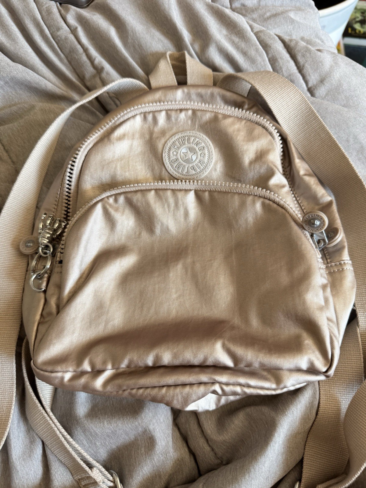Kipling Beige Mini Backpack Solid Zip Closure Monkey Bag Charm Silver Hardware