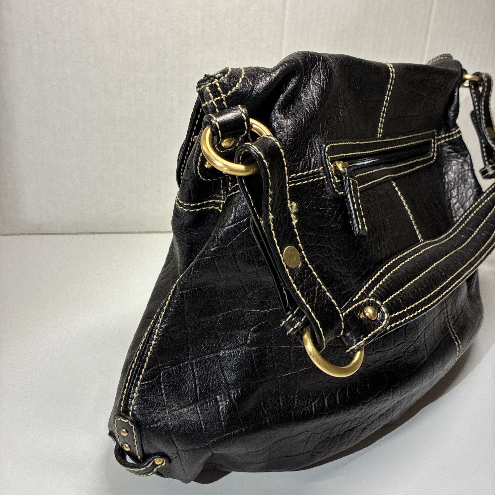 Maxx New York Black Leather Croc Slouchy Chunky Hardware Studded Shoulder Bag