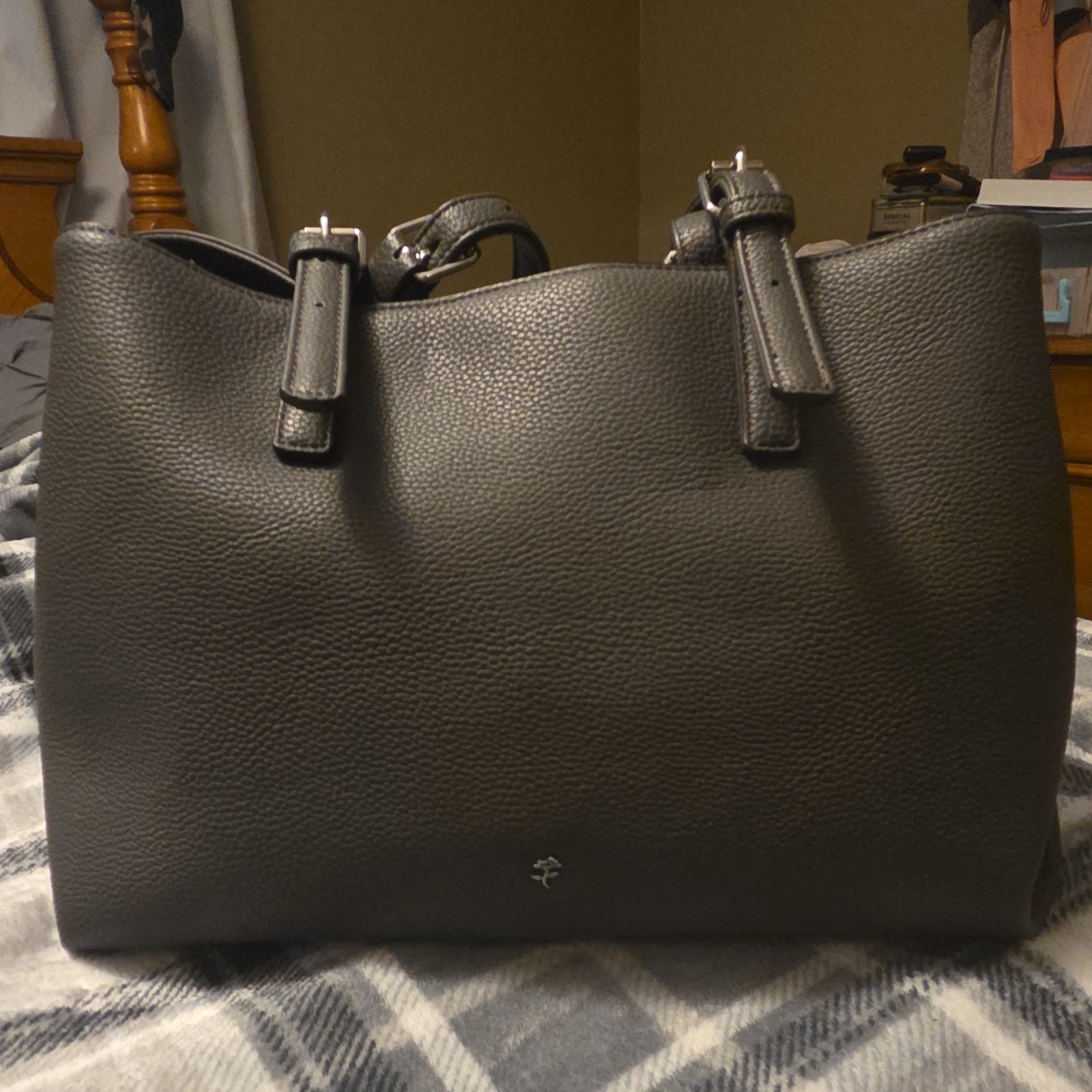 Emma Kaison Black Pebbled Large Tote, Magnetic Closure, Dust Bag, Pockets