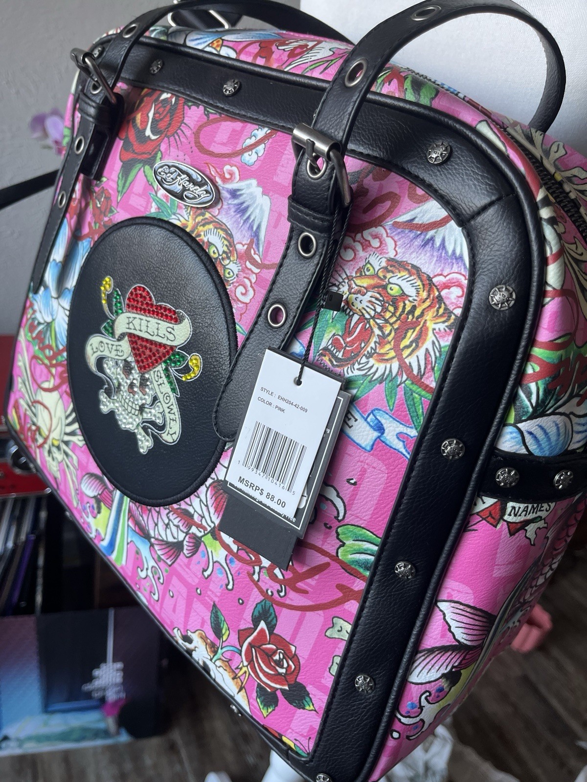 Ed Hardy Pink Tattoo Satchel Bag with Studded, Embroidered & Crystal Accents