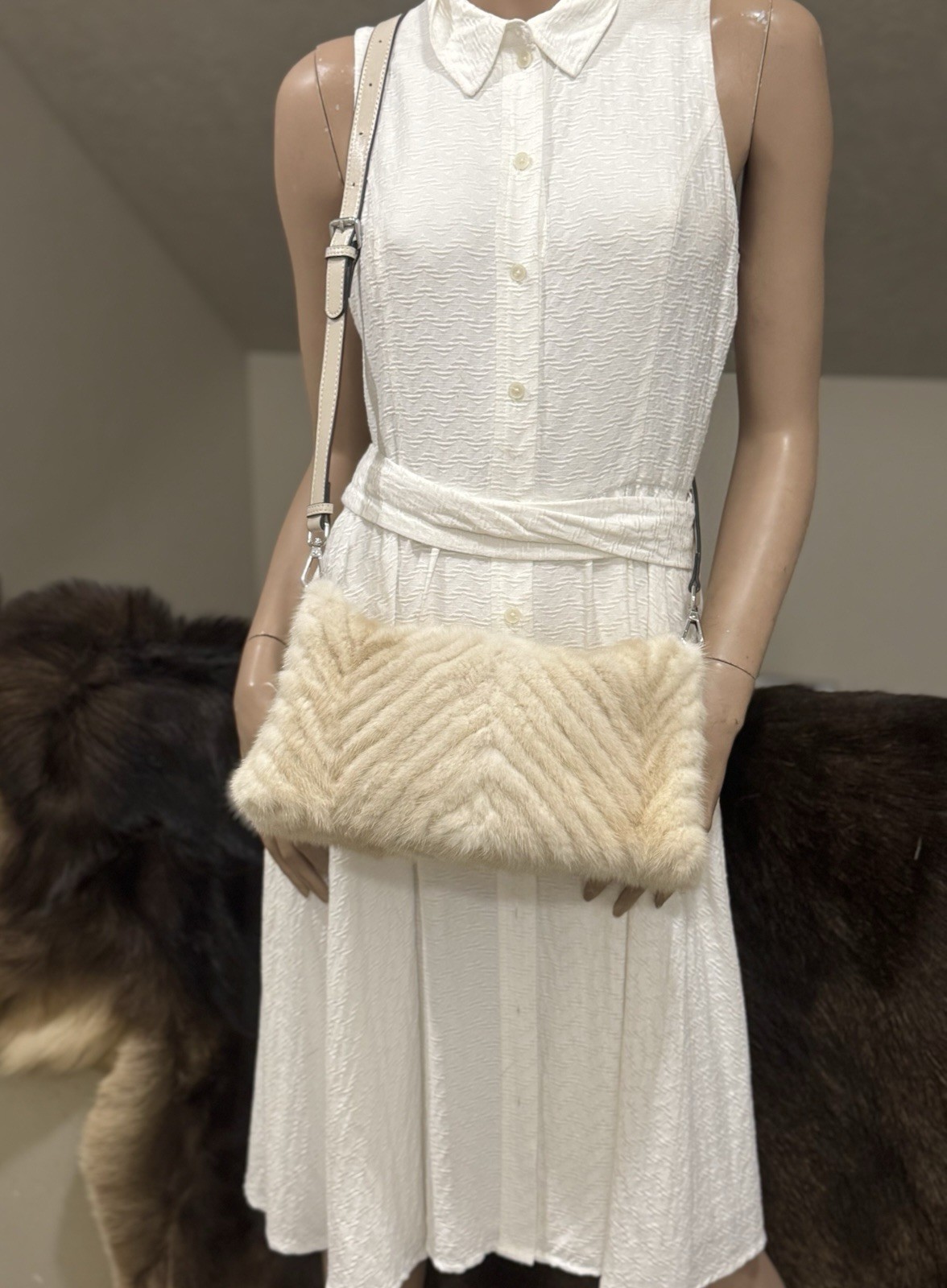 Cream Real Mink Fur Handmade Soft Slouchy Bag/Clutch/Shoulder Bag/Crossbody