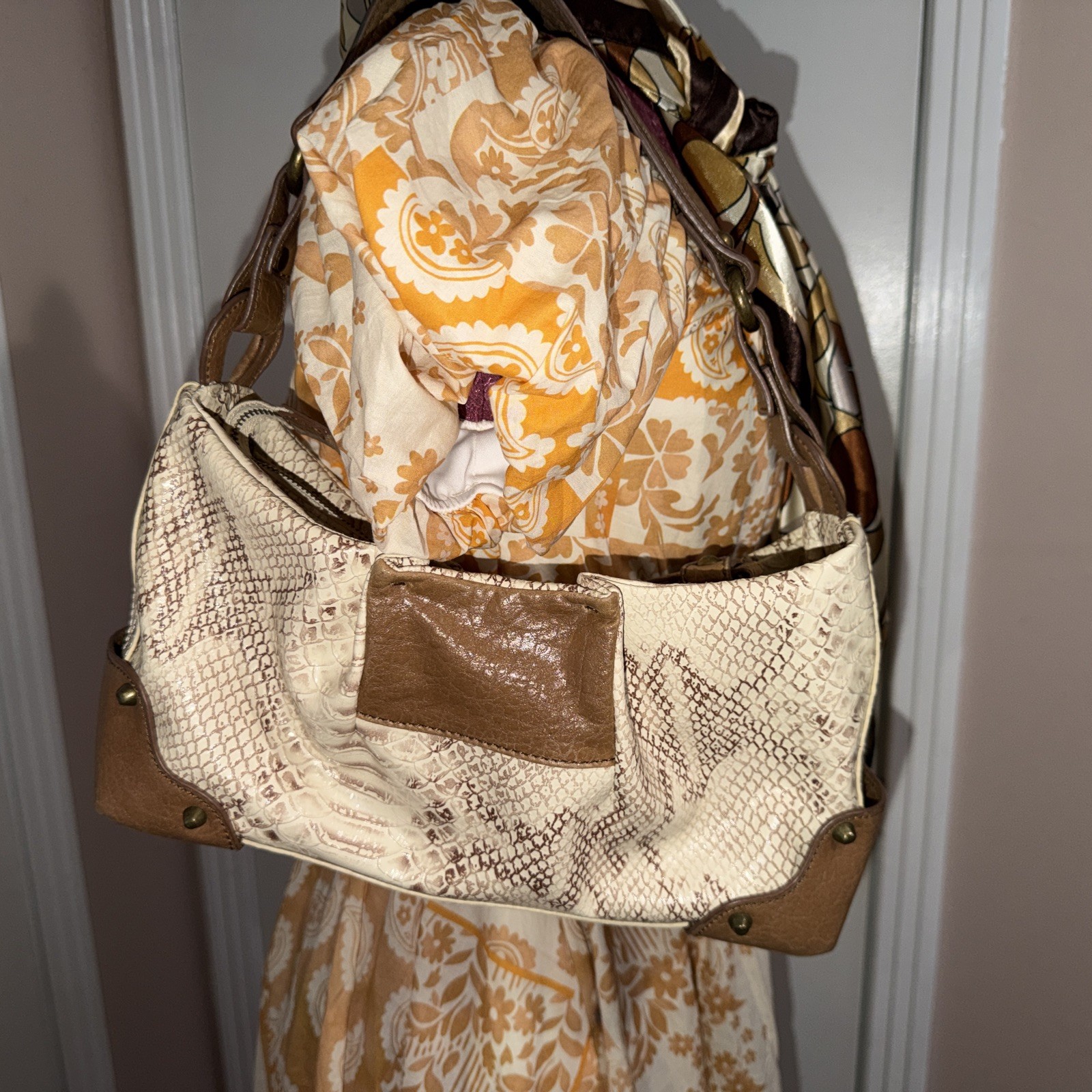 Jessica Simpson Cream & Brown SnakeSkin With Embroidered Emblem Shoulder Bag