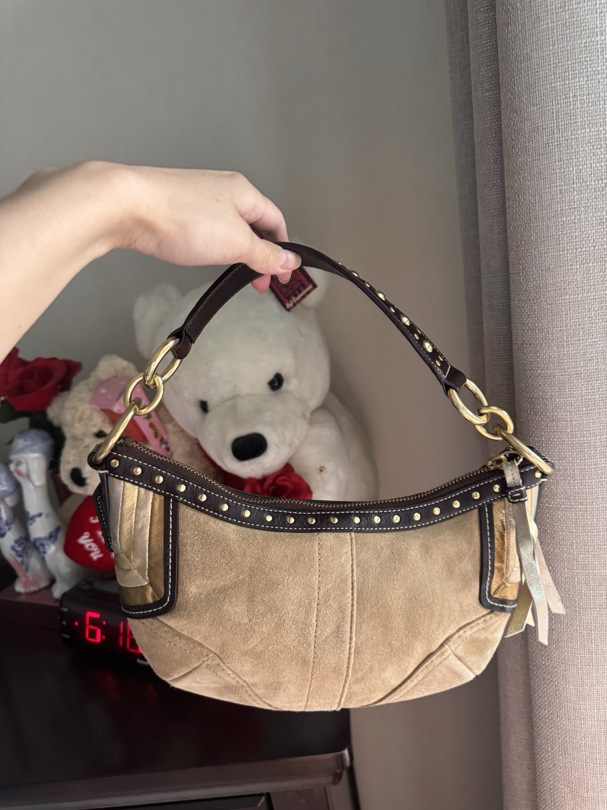 Coach Beige Shoulder Bag Zip Top Studded Trim, Brown Strap, Gold Hardware