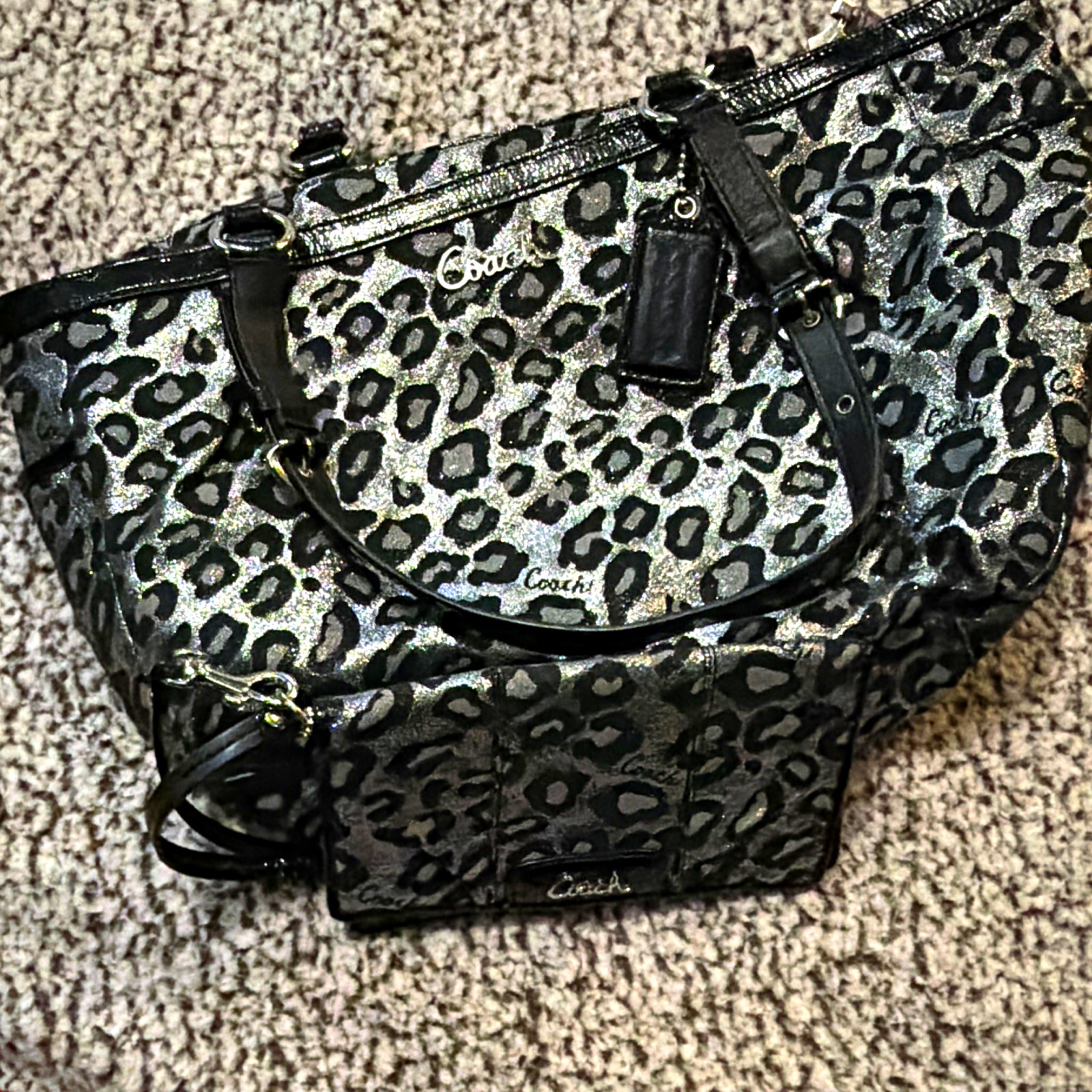 Coach Metallic Leopard Print Shoulder Bag, Silver/Black, Wristlet, Purple Lined