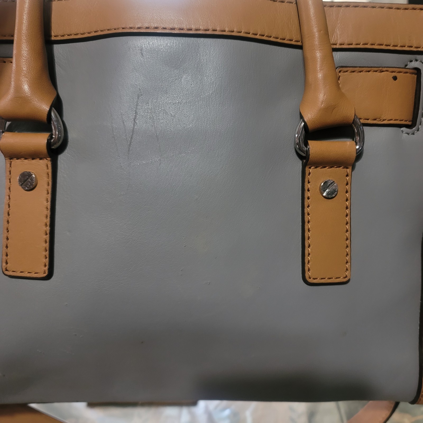 MICHAEL KORS HAMILTON FRAME OUT STEEL GRAY ACORN LEATHER SATCHEL BAG – Read des