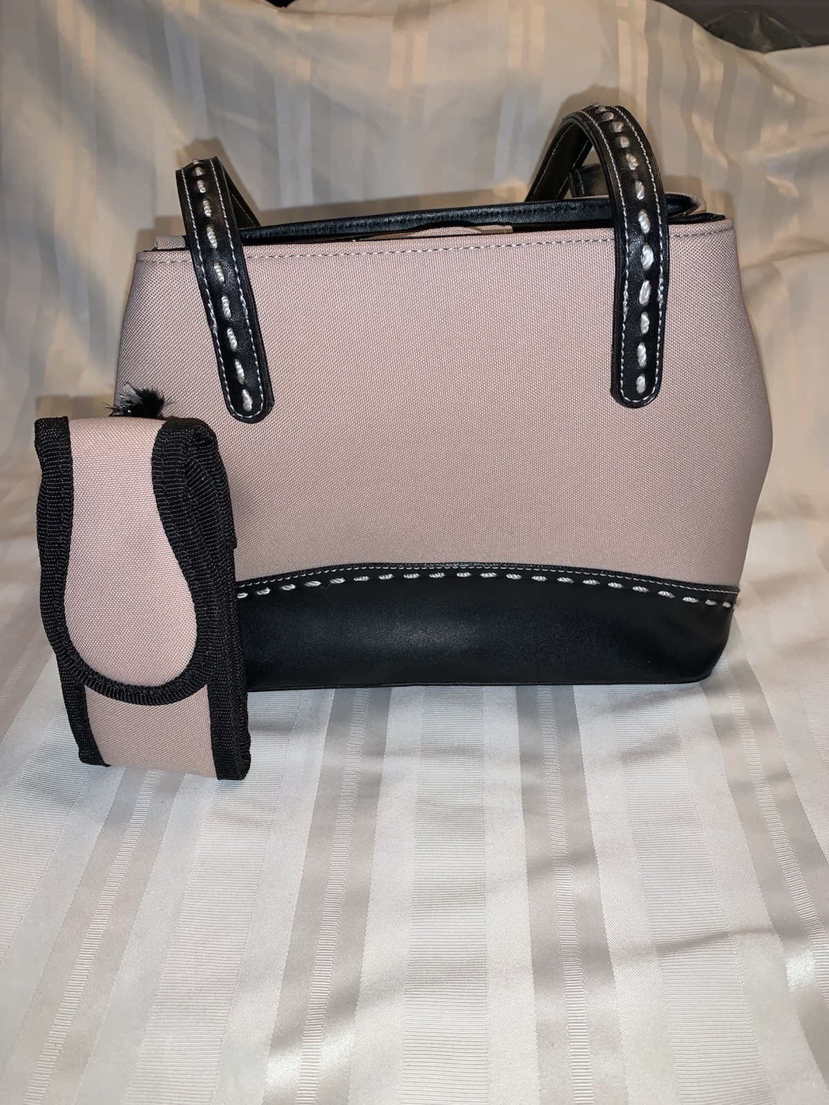 Classic Heritage Tote Purse Canvas and Leather Contrasting Stich Details Beige