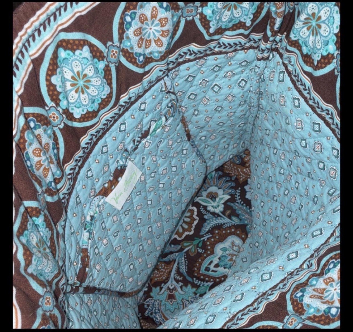 Vera Bradley Brown Blue White Floral Tote Bag Zip Top Inner Pockets Lined