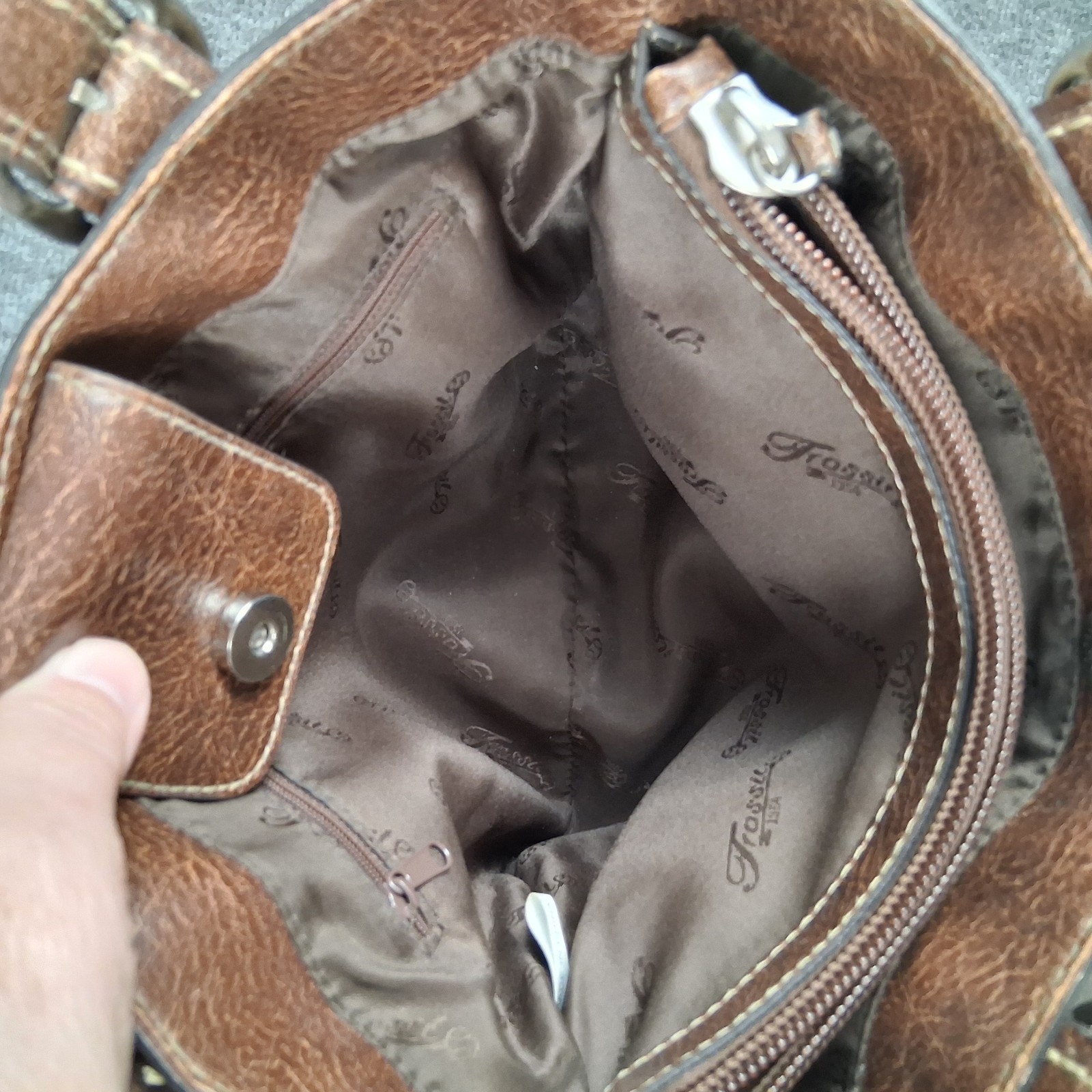 Fossil Signature Brown Fabric Leather Shoulder Handbag Satchel Bag Purse No Key