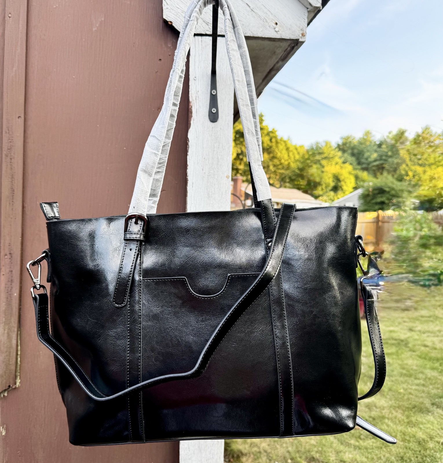 YALUXE vintage style black leather lge shoulder/tote/work bag NWT