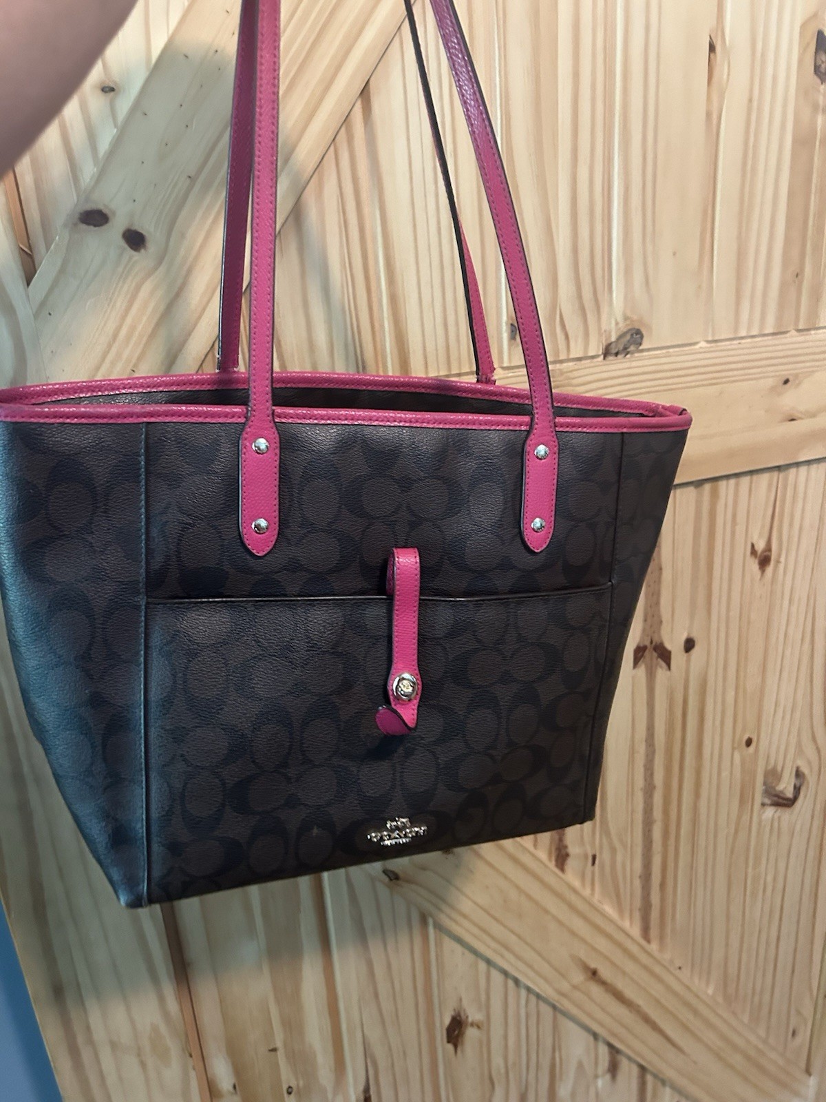 Coach Signature Ruby Tote Bag Brown Pink Zip Closure Silver Hardware Lined