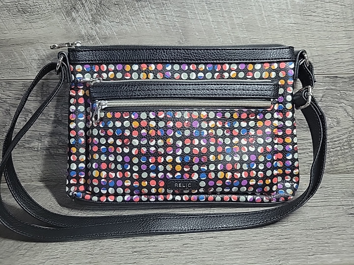 Relic Crossbody Shoulder Bag Confetti Polka Dots Black Vegan Leather