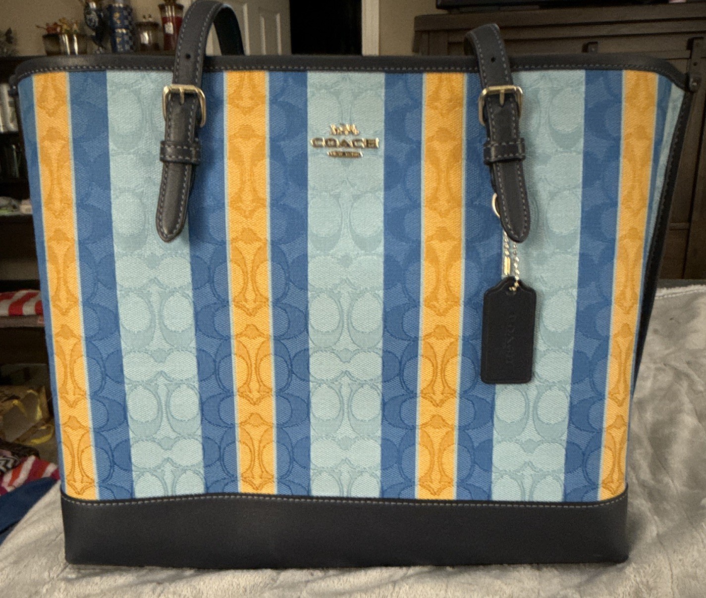 Coach Striped Signature Tote Bag Blue Yellow Zip Closure Detachable Strap