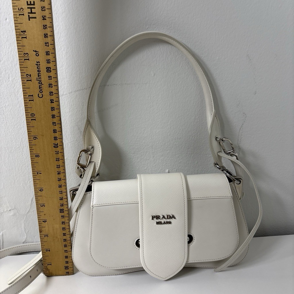 Prada Sidonie White Saffiano Leather Classic Silver Hardware Small Shoulder Bag