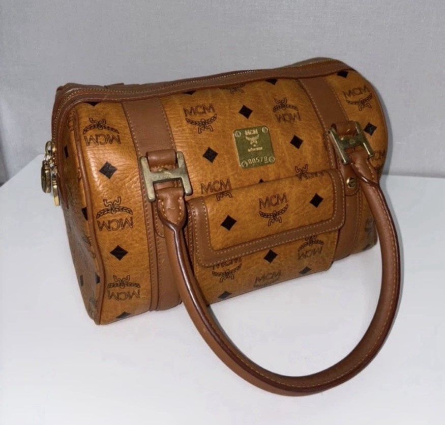 AUTHENTIC MCM Cognac Visetos Tote Bag Boston Bag Brown Good Condition