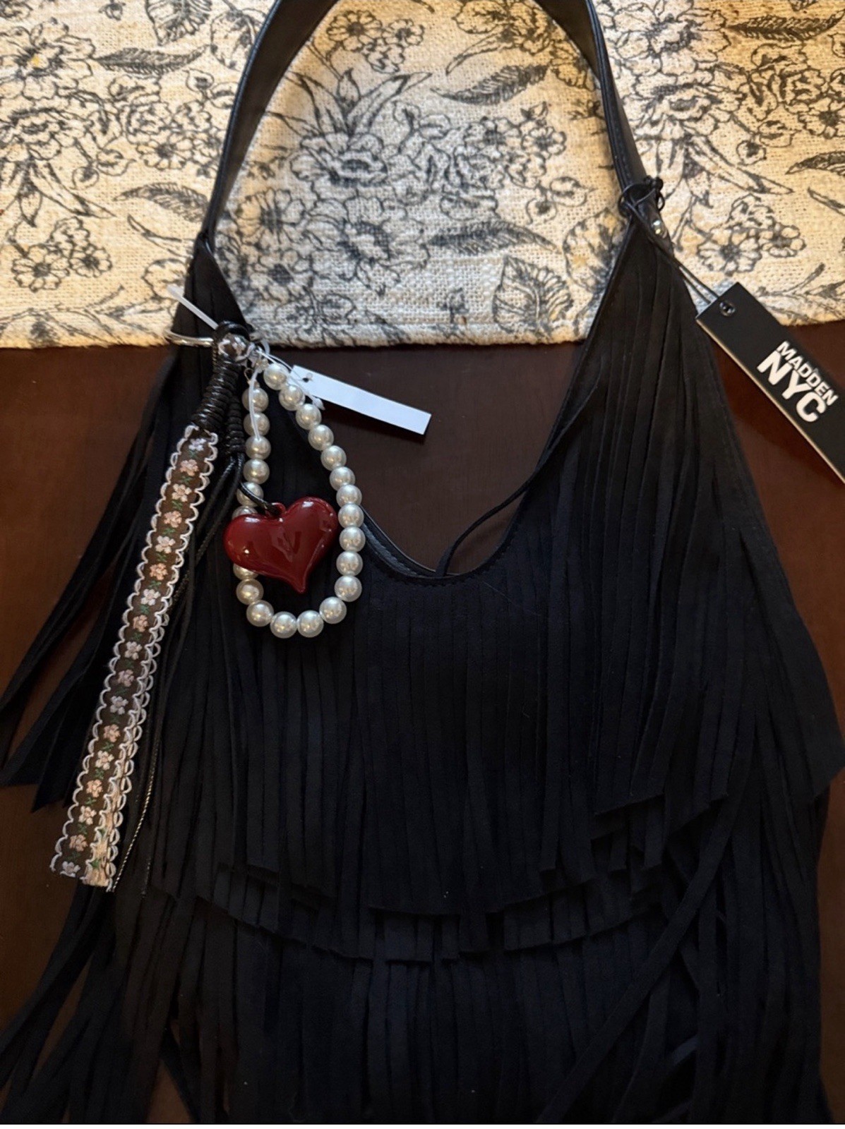 NYC Black Medium Crescent Shoulder Bag Fringe & Beaded, Charm, Zip, Pockets