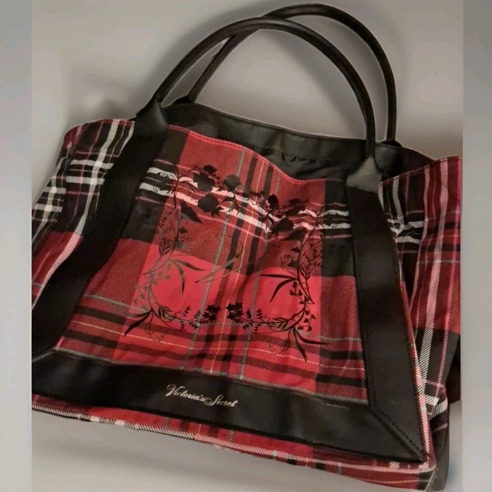 Victorias Secret Tote Bag Large Size Red Black Plaid Floral Designs No Closure