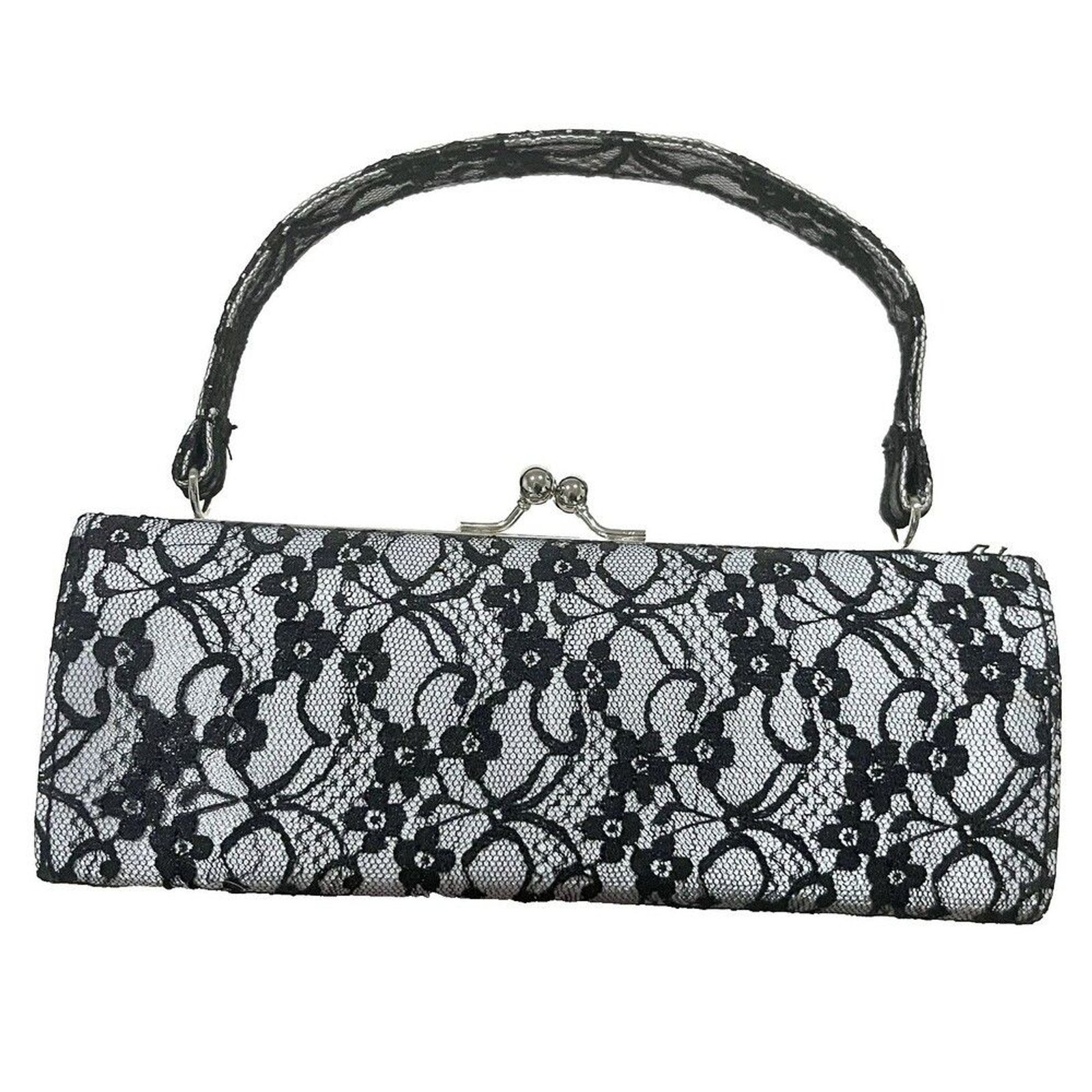 Elegant Vintage-style Black Lace Silver Clutch Purse Handbag 8.5 In Wedding Prom