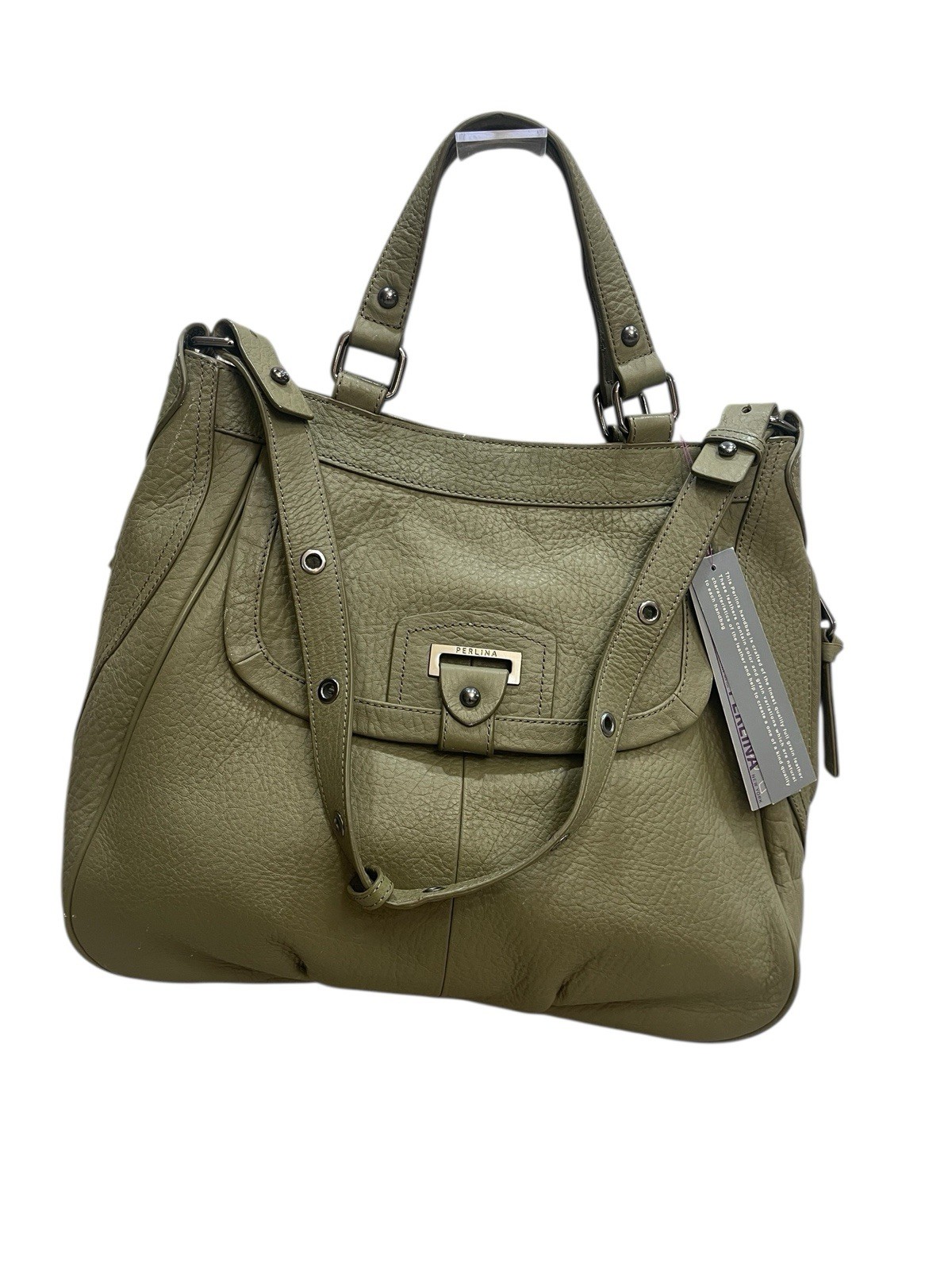 Perlina New York Bailey Tote in Olive Green Leather Large Hobo Shoulder Bag