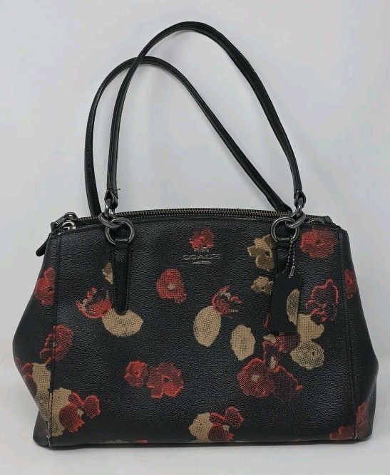 Coach Mini Christie Carryall Triple Compartment Black Floral Bag Has Wear