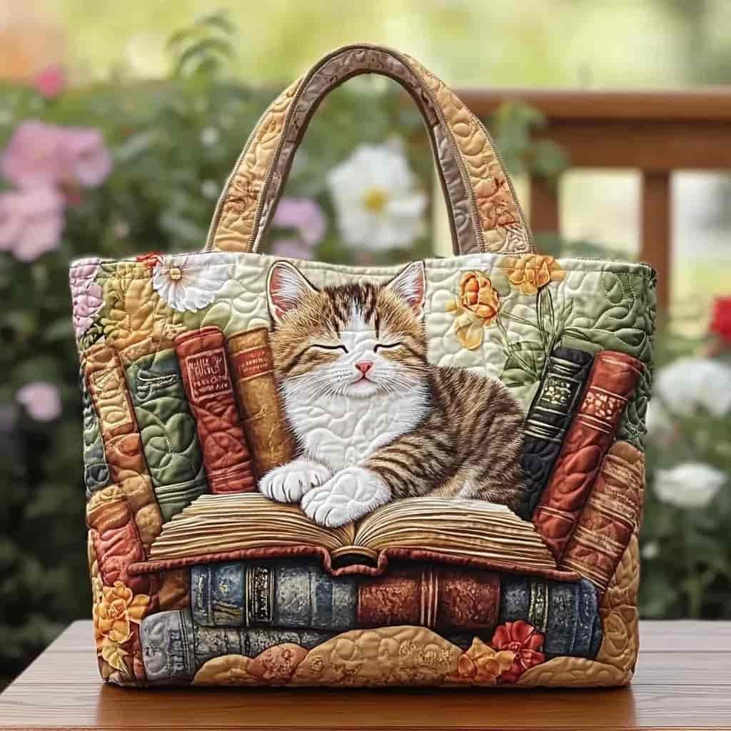Personalized Tabby Cat Reading Books Librarian Quilted Tote Bag Handbag Gift