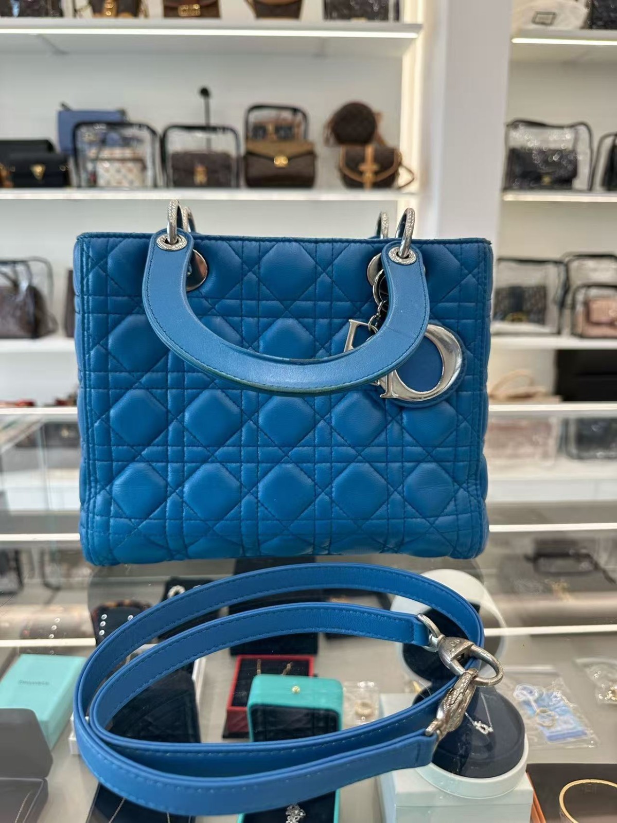Dior Lady Dior Medium Light Blue Cannage Lambskin Top Handle Bag 25x18x12cm