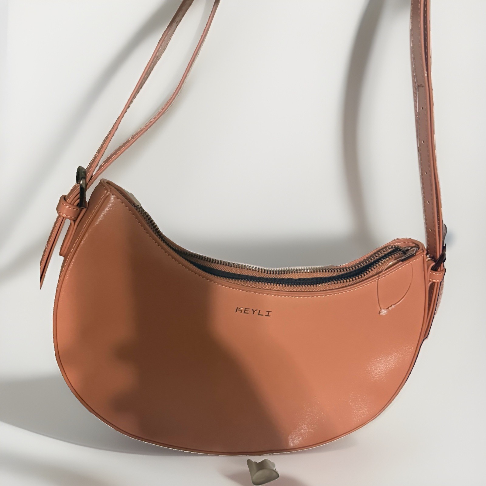 HEYLI Brown Crescent Shoulder Bag, Zip Closure, Silver Hardware, Solid