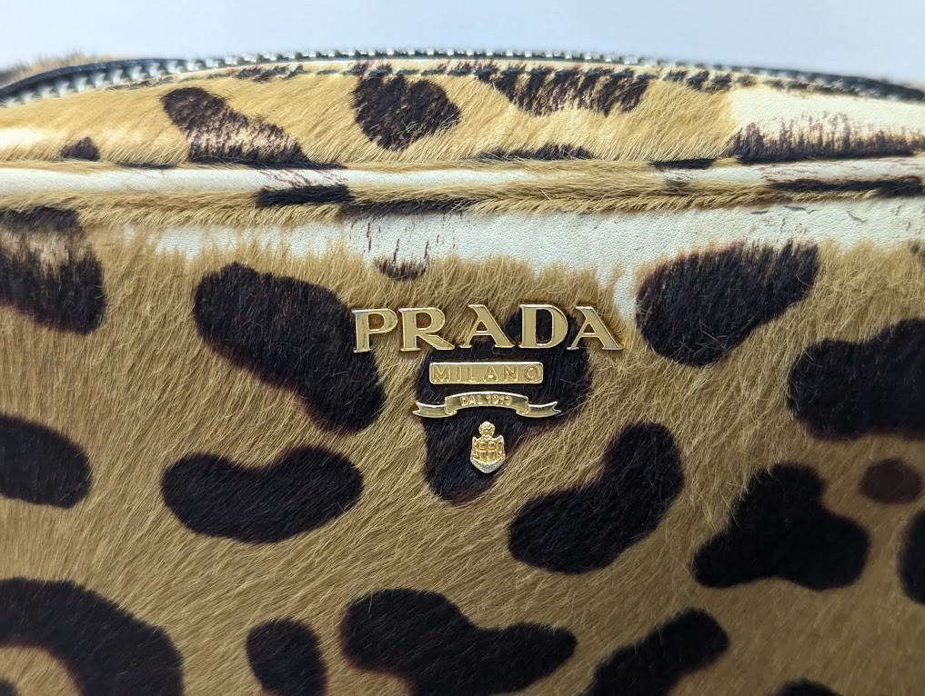 PRADA Harako Leopard Mini Shoulder Bag Leather Logo Beige Gold 7/G Authentic