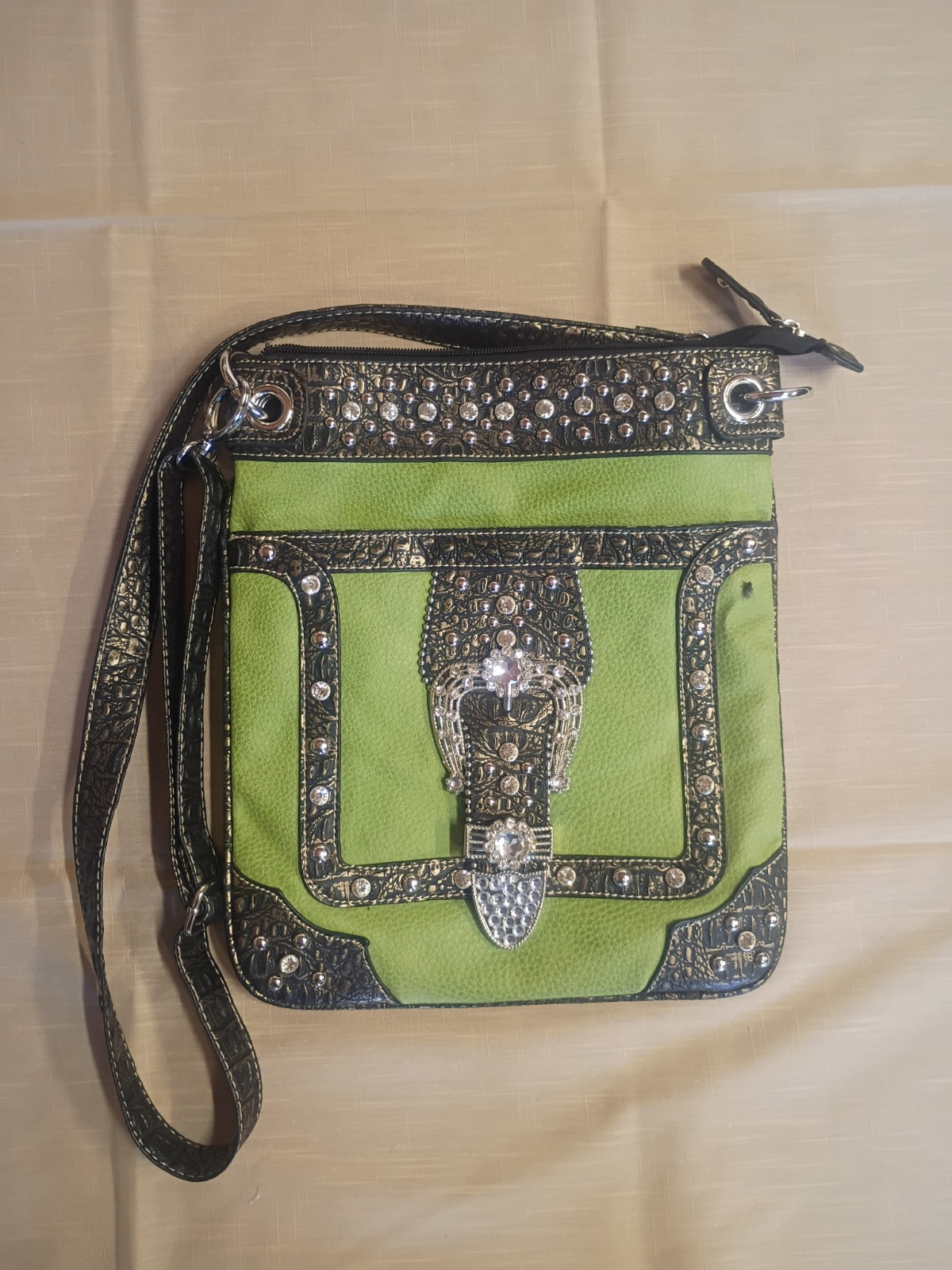 Women’s Green/Black Rhinestone Studded Crossbody Bag Zip