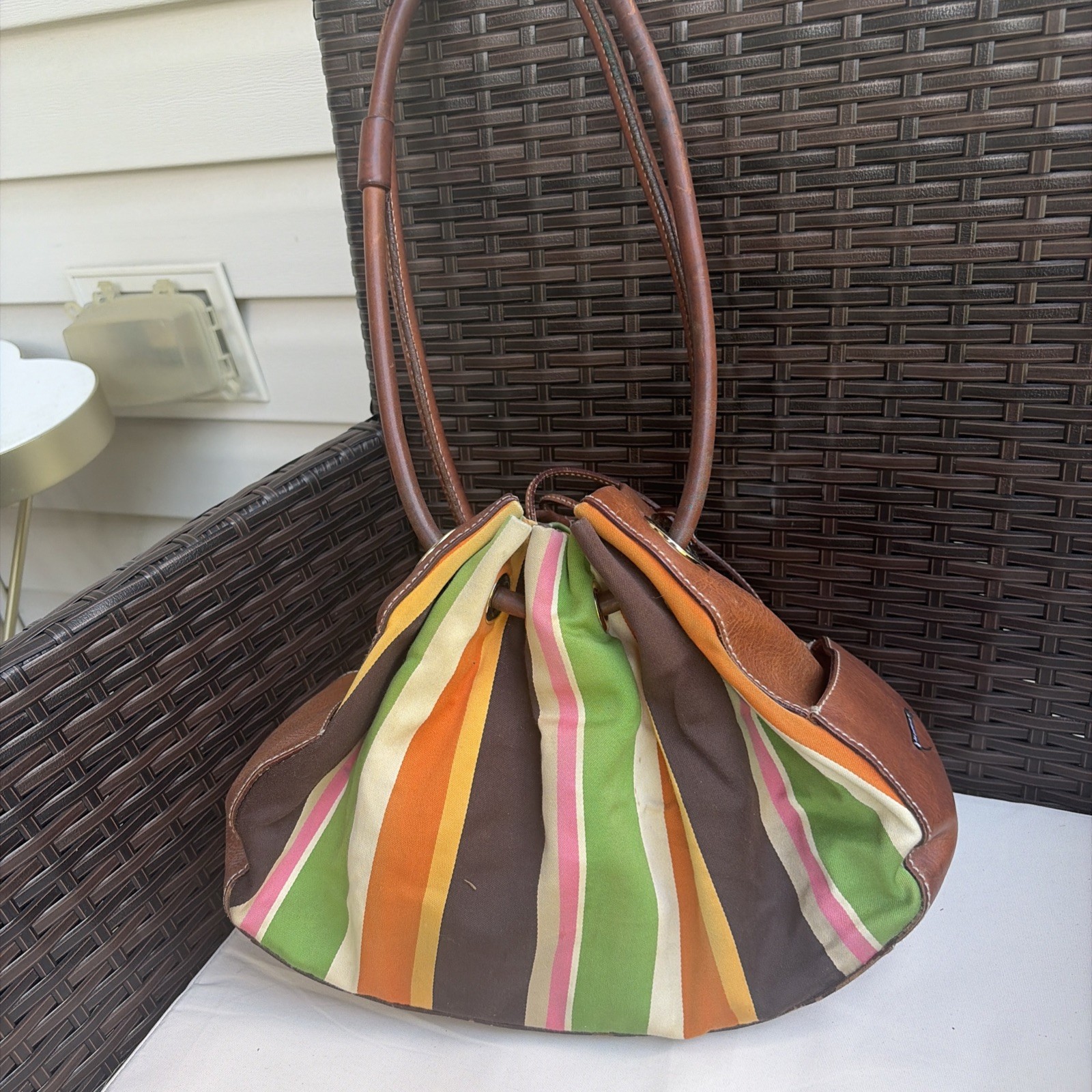Kate Spade Marti Small Bucket Shoulder Bag Multi Stripe Canvas/Leather Trim