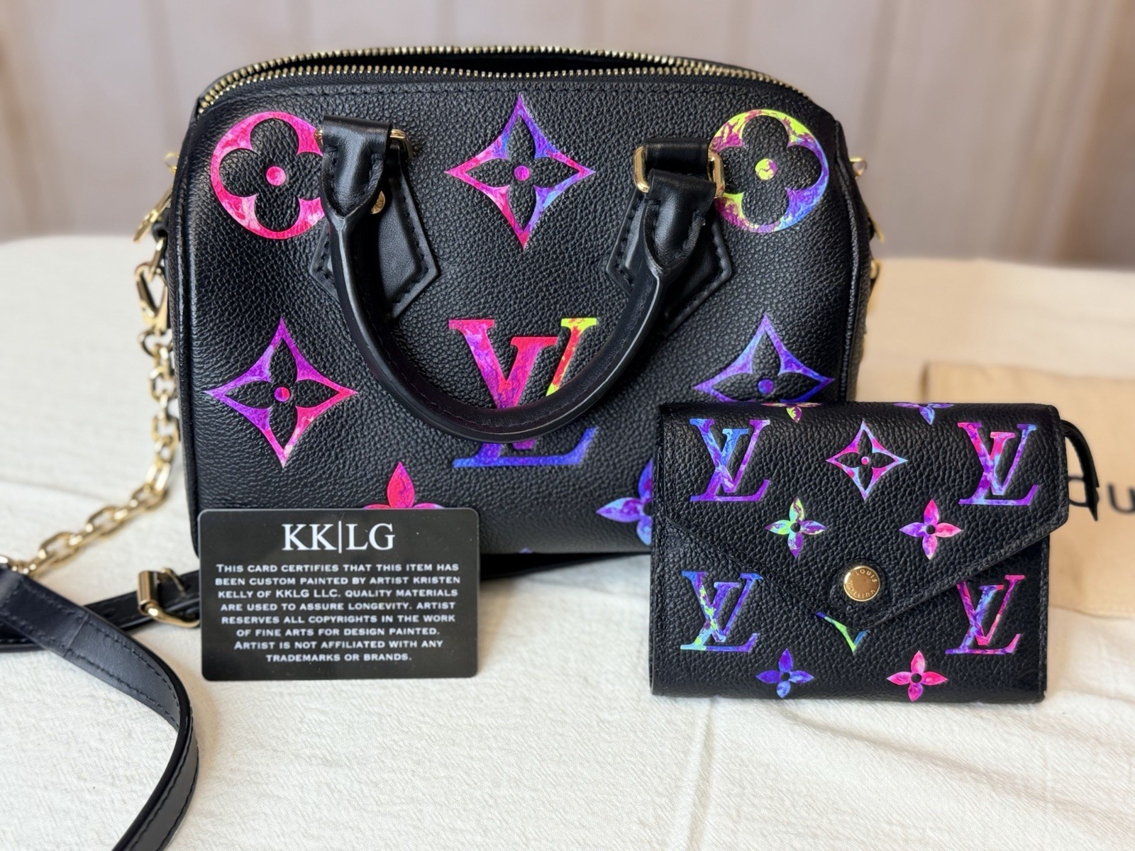 Louis Vuitton Speedy 20 Black Leather Custom Painted KKLG w/ Matching Wallet
