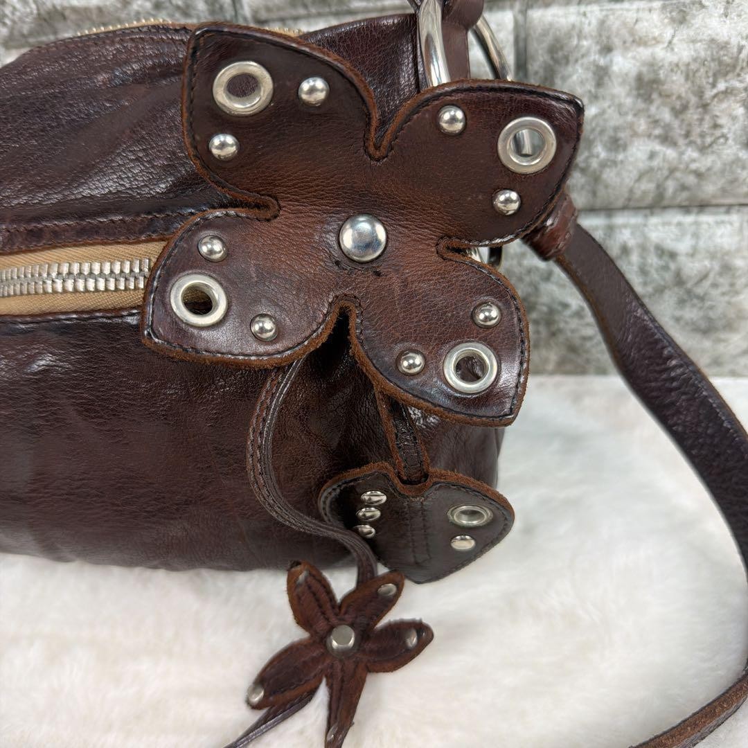Miu Miu Vintage Leather Shoulder Bag Dark Brown Studded Auth