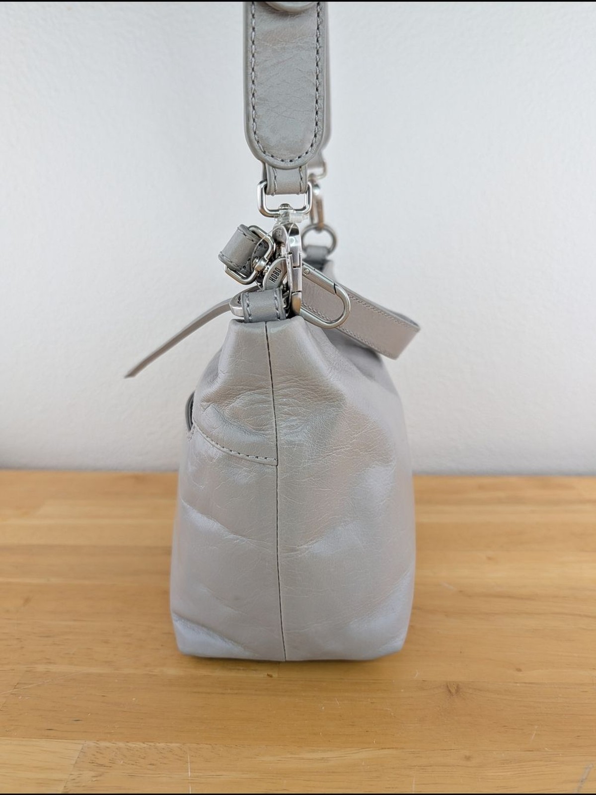 Hobo Gray Smooth Leather Crossbody Bag Clutch Wide Strap Silver Toned Hardware