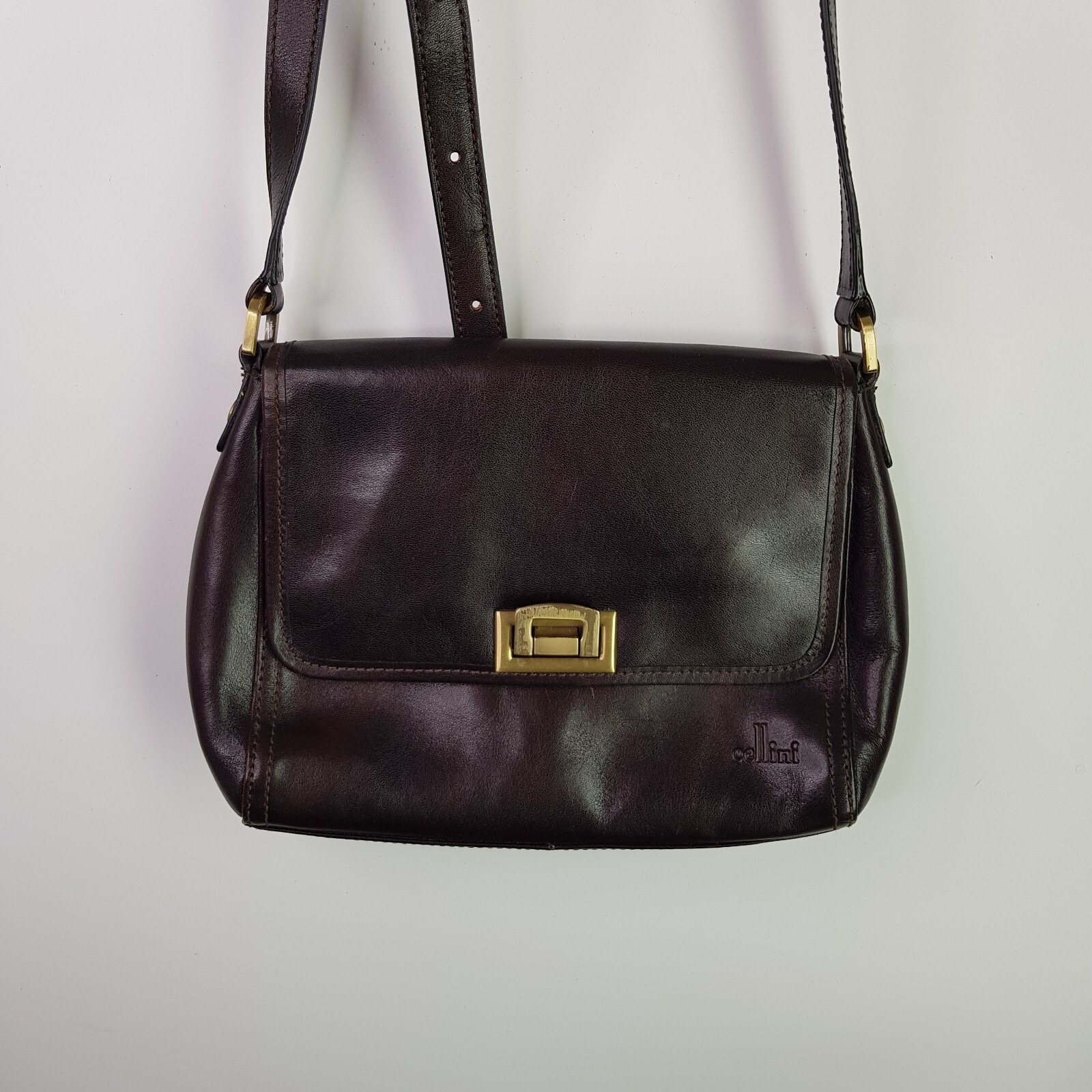 Cellini Leather Small Handbag 19x26cm Brown Gold Shoulder Crossbody Adjustable