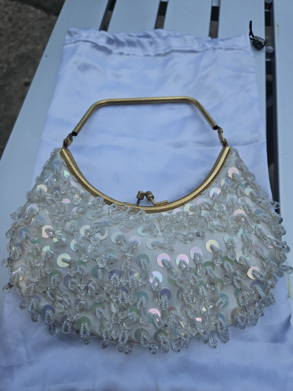 Handmade Ivory Beaded Sequin Kiss Lock Top Handle Clutch, Lined w/ Dust Bag
