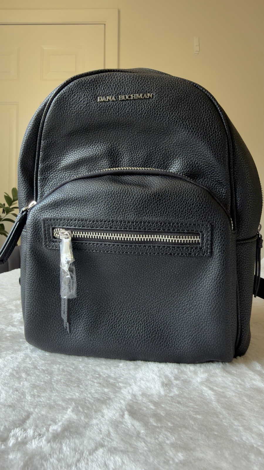 Dana Buchman Black Pebbled Backpack Zip Closure Front Zip Pocket Silver Hardware