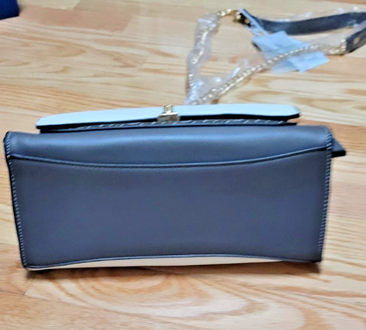 NEW w/Tags -Micussi Hand or Shoulder Bag- Gray, Ivory & Black w/Gold Chain Strap