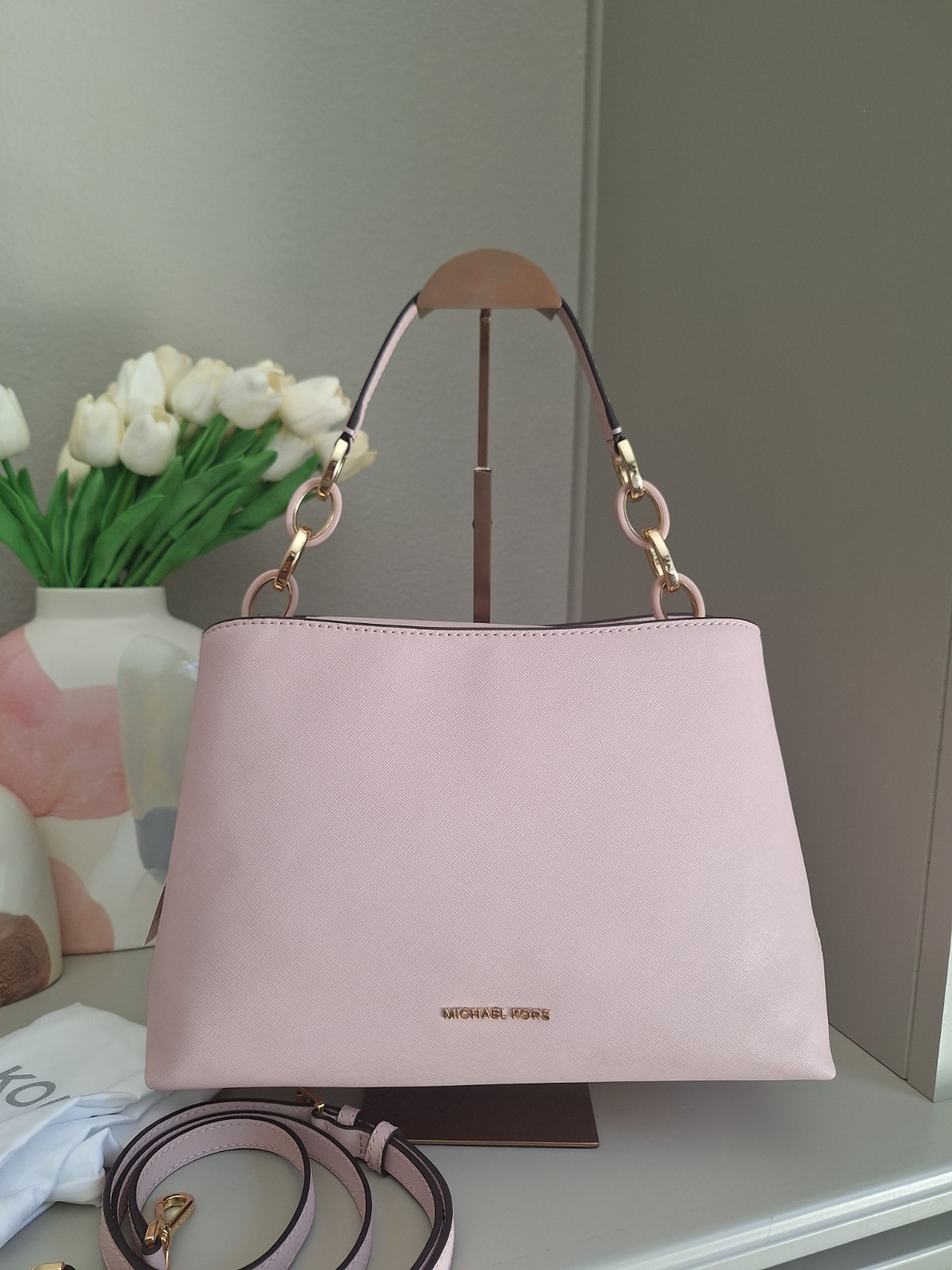 NEW MICHAEL KORS PORTIA SAFFIANO LEATHER HAIN CROSSBODY Pink Blossom Gold