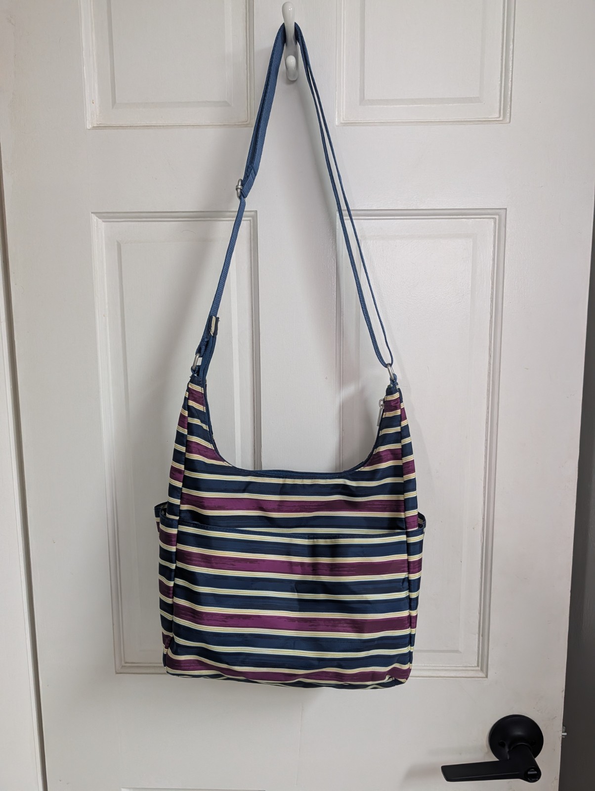 BAGGALLINI Medium Travel Hobo Crossbody Bag Purple And Blue Stripes