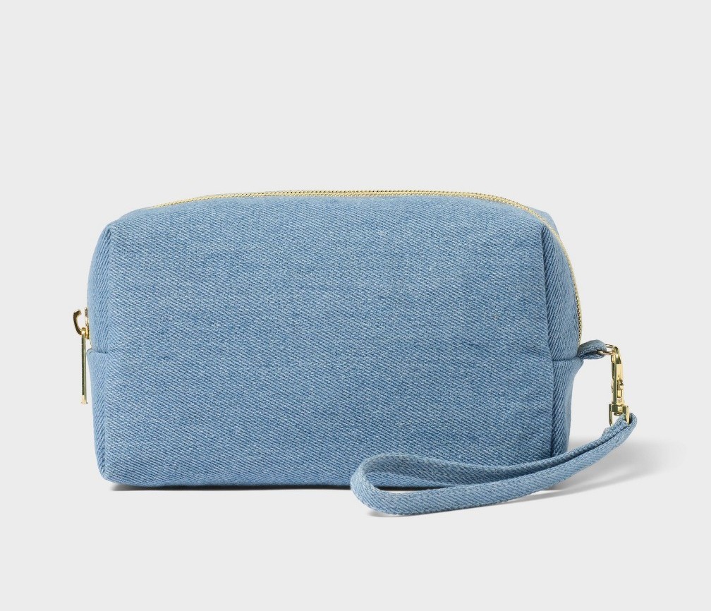 Target Spritz Zipper Pouch Denim In Color Size 7.5″X2.75″ X4″ And 7″ Strap