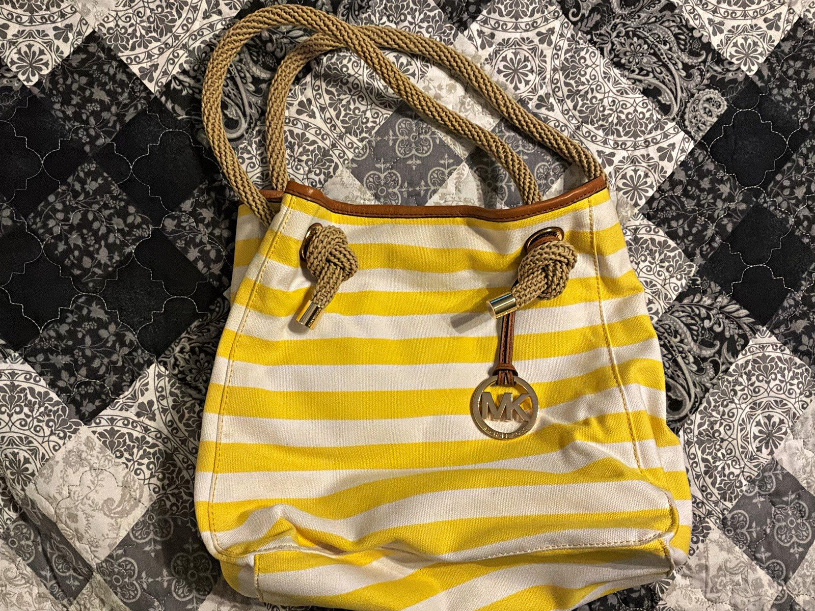 Michael Kors Marina Yellow White Stripe Canvas Rope Handle Drawstring Tote Bag