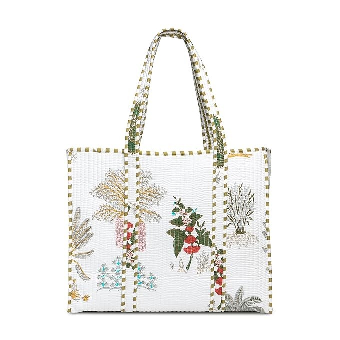Cotton Tote Bag Handmade Large Travel Shoulder Bag with Zipper & Pockets