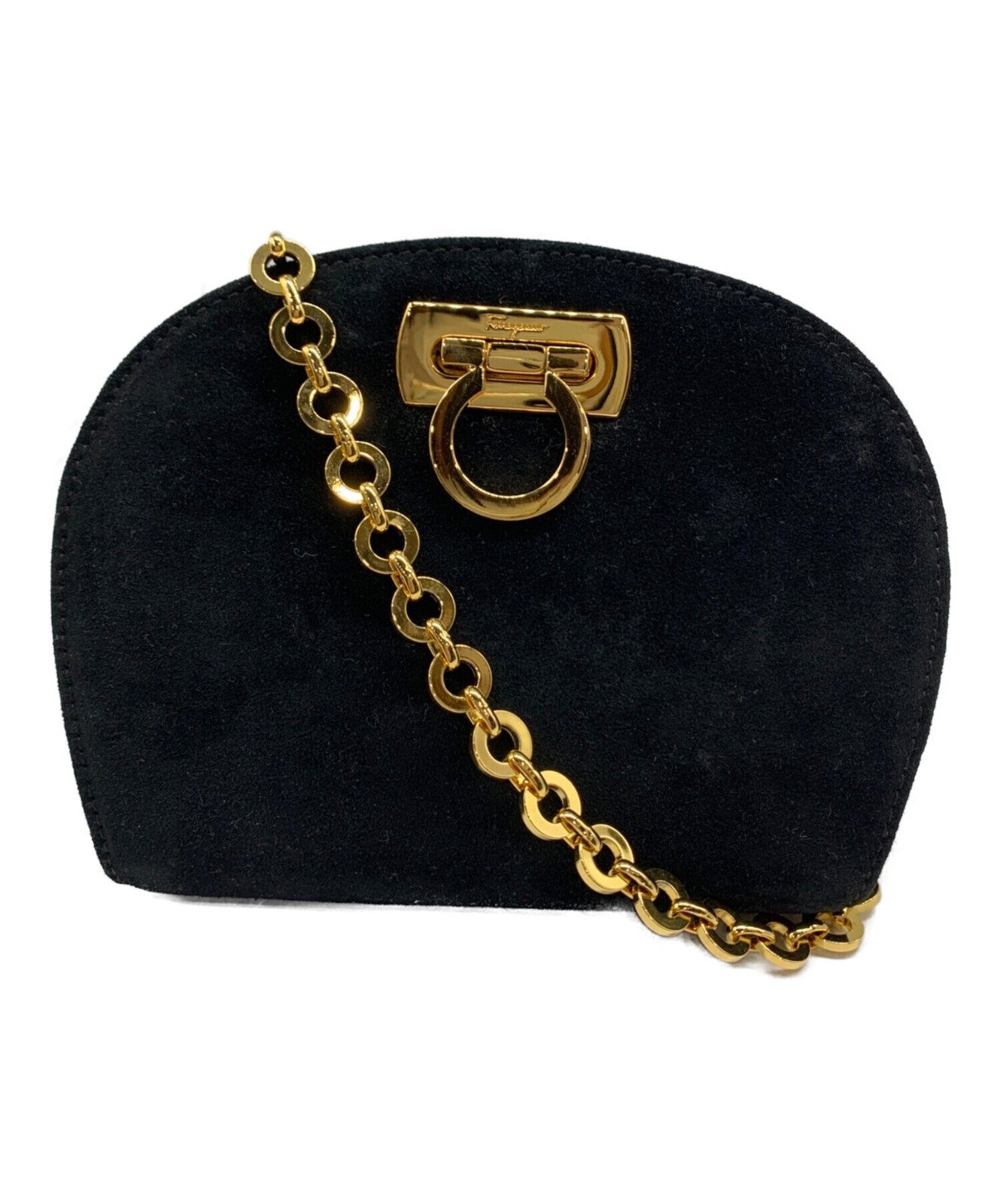 Salvatore Ferragamo Gancini Chain Shoulder Bag Black Suede Gold Hardware Women
