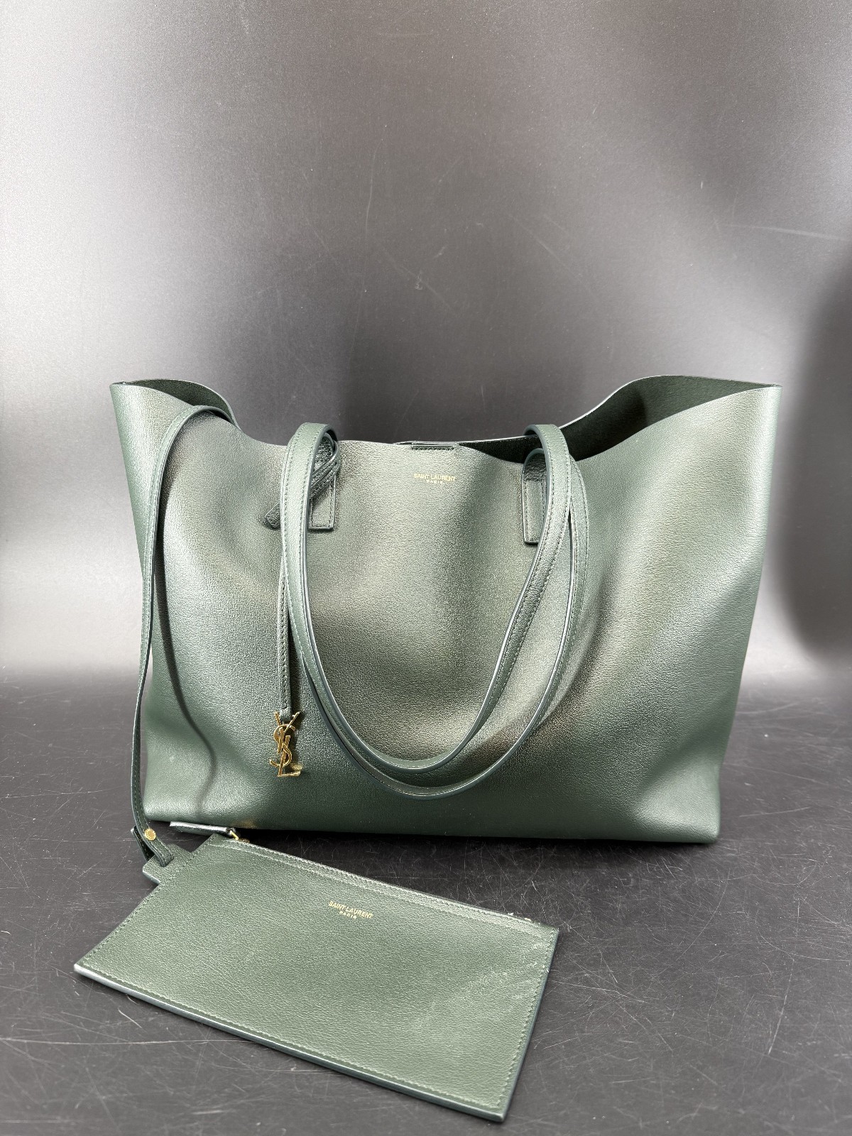 Saint Laurent Shopping East West Tote Green Leather Charm Box Dust Bag