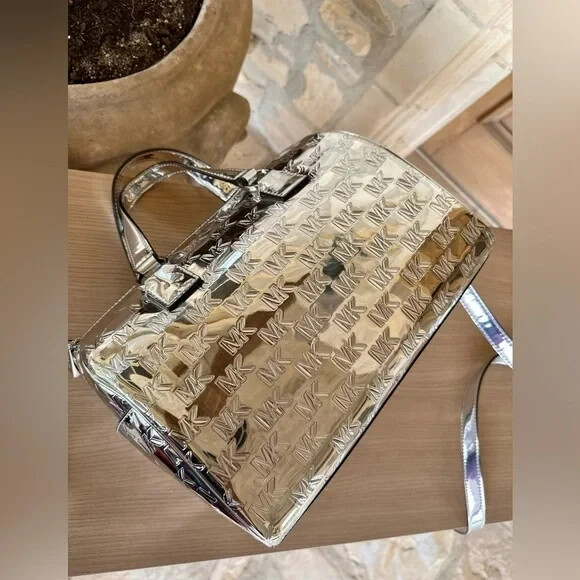 Michael Kors Mason Medium Duffel Satchel Bag Metallic Silver + Double Zip Wallet