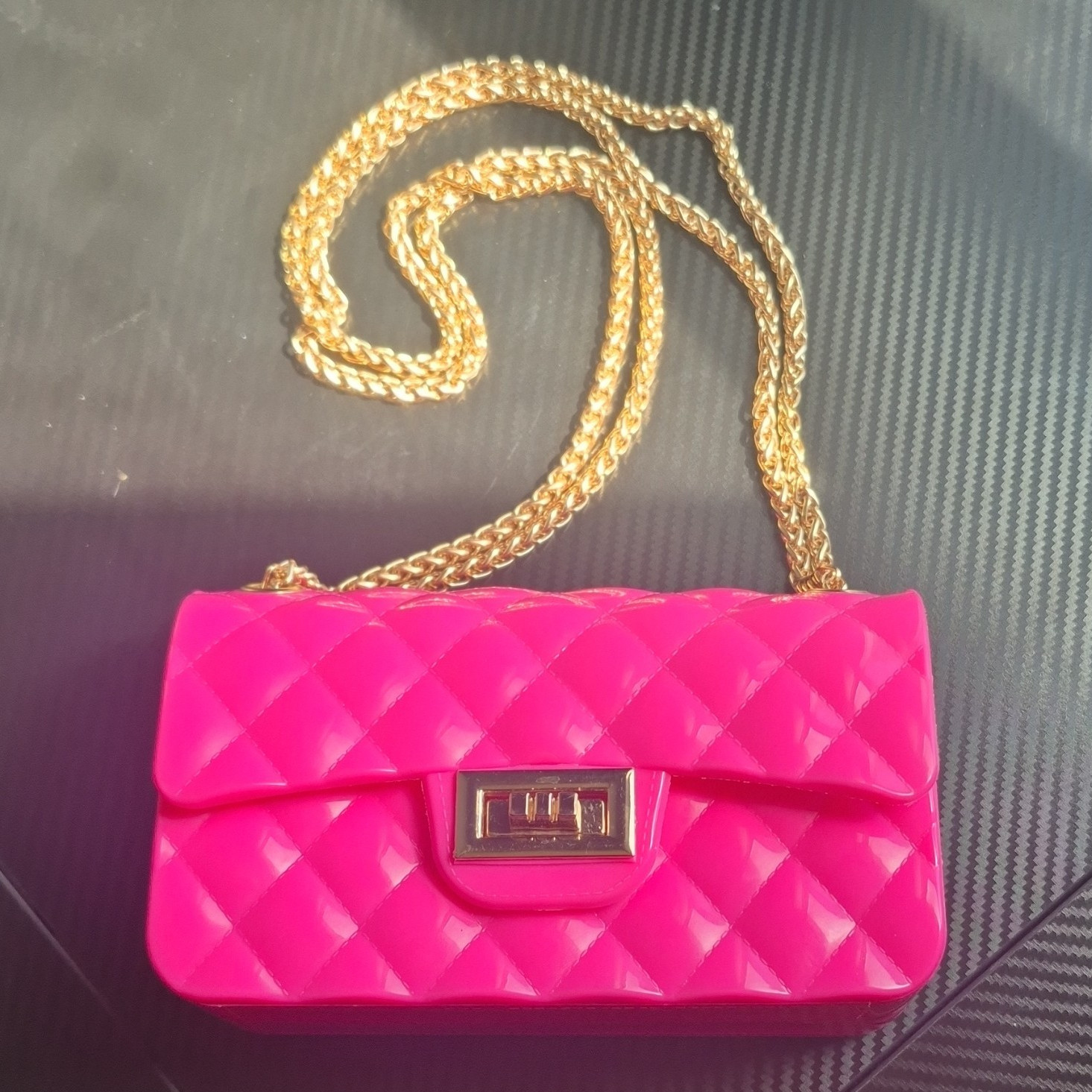 Pink Quilted Small Shoulder Bag Gold Chain Strap Turn-Lock Closure Rectangle
