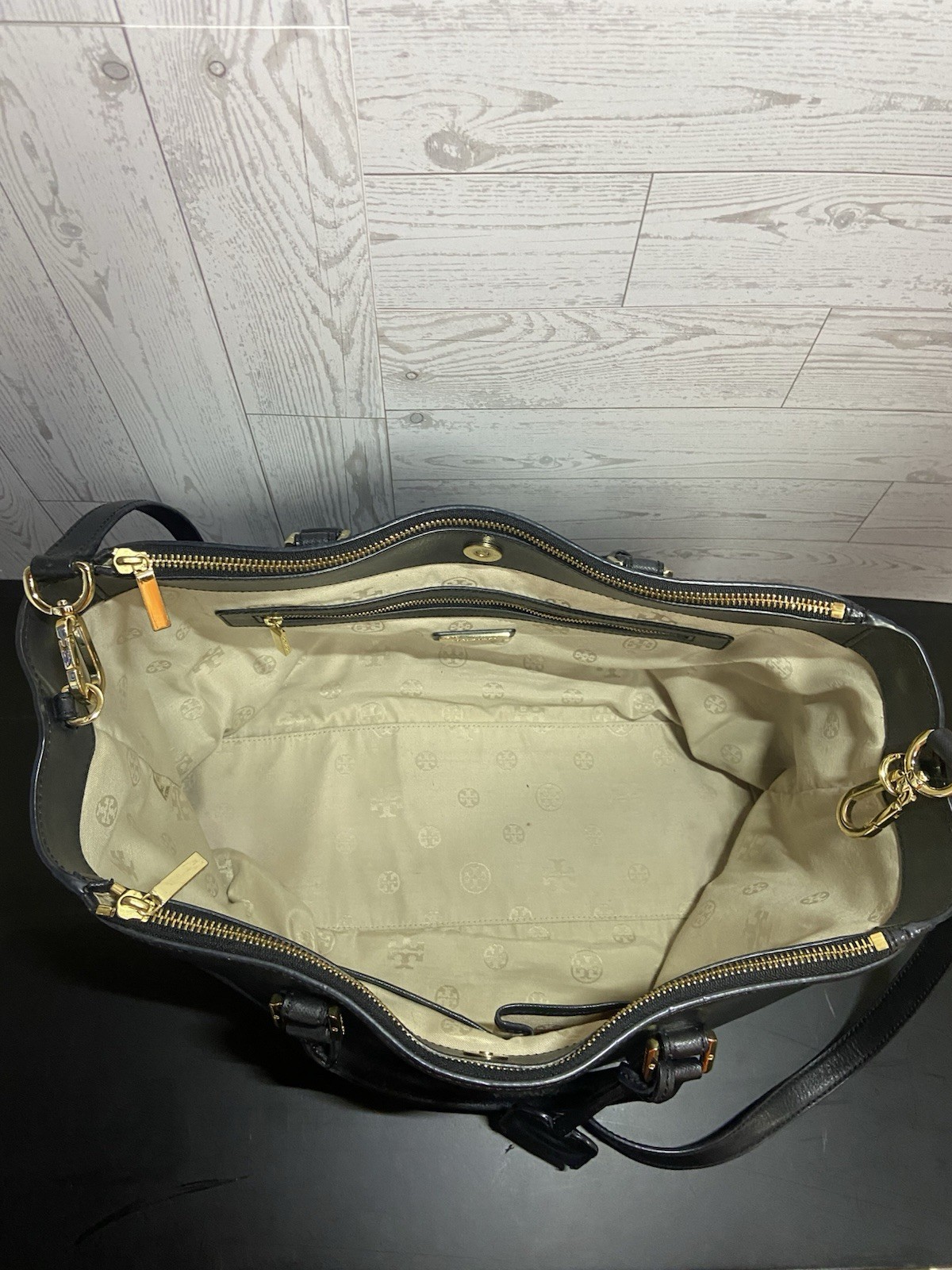 Tory Burch black saffiano leather tote bag large satchel gold hardware