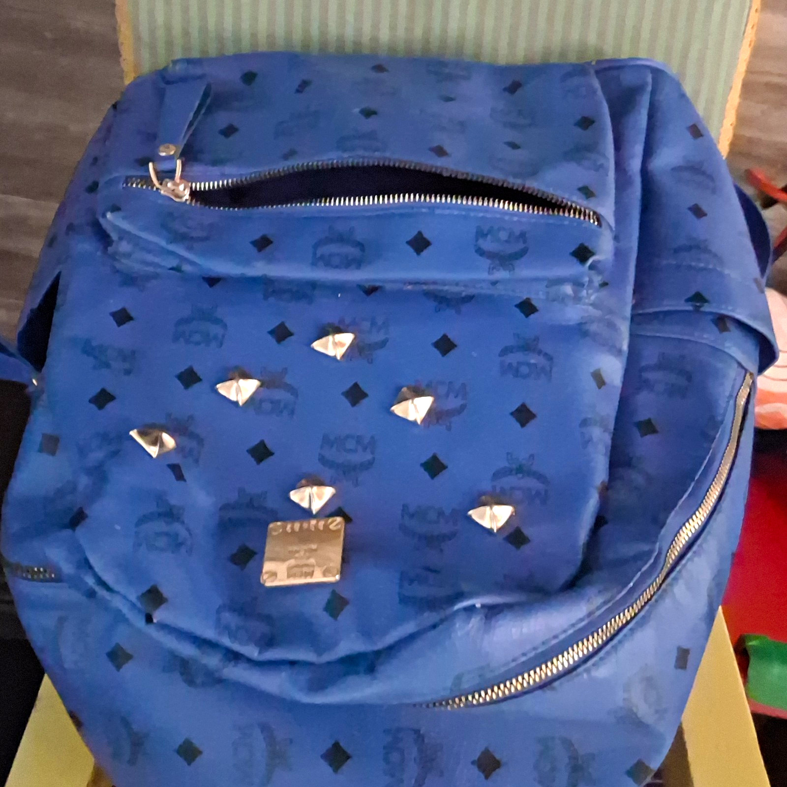 MCM Blue Monogram Studded Backpack Zip Closure w/ Inner & Outer Pockets