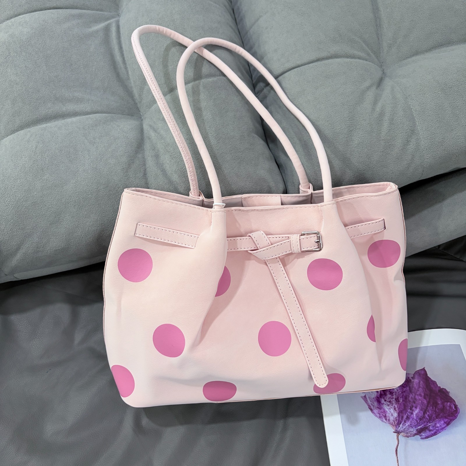 Light Pink Polka Dot Soft PU Large Shoulder Tote Bag